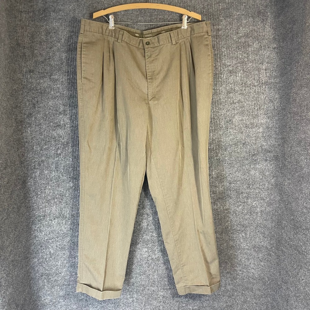 Savane Pleated Dress Pants Mens 42x32 (42x31) Olive Khaki Cuffed Twill Chinos